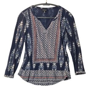 Lucky Brand Geometric Tribal Print Split Neck Long Sleeve Top Blue S Boho Casual